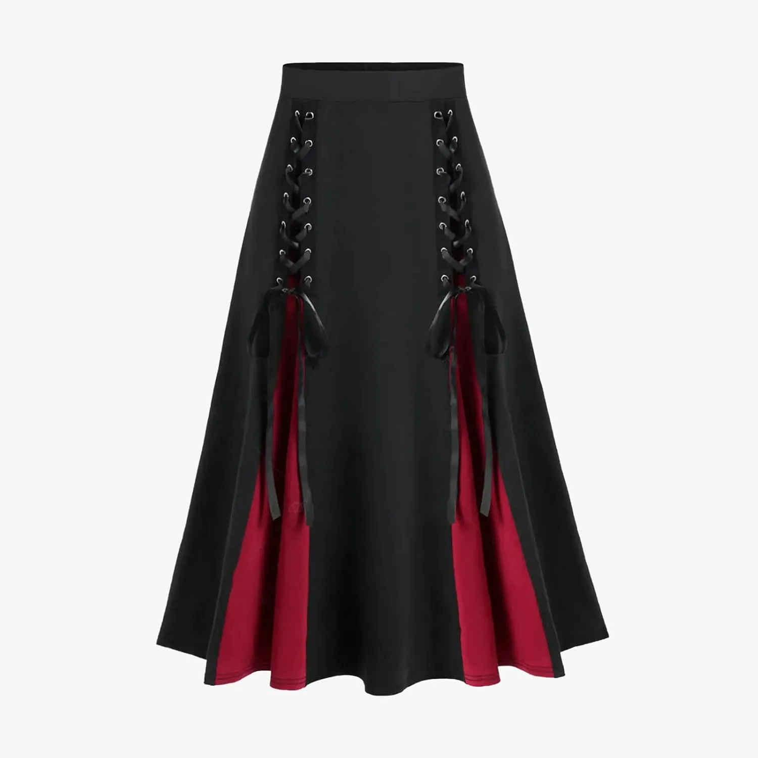 Vintage Gothic Midi Skirts Women Lace-Up Patchwork Medieval Steampunk A-Line Skirts Renaissance Pirate Swing Skirt