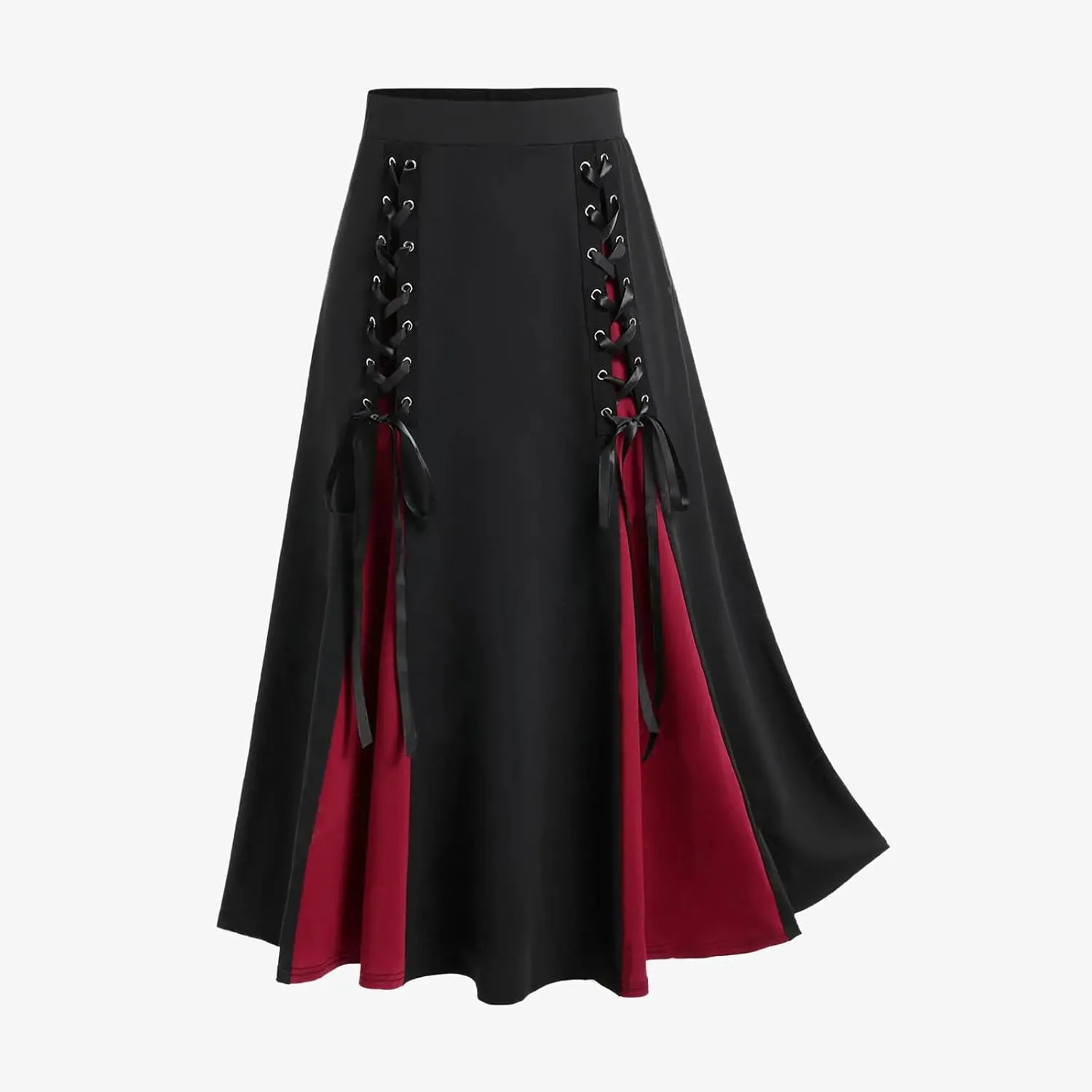 Vintage Gothic Midi Skirts Women Lace-Up Patchwork Medieval Steampunk A-Line Skirts Renaissance Pirate Swing Skirt