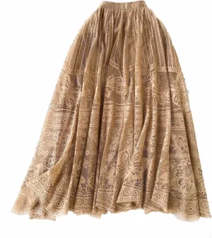 Vintage Mesh Midi Skirts for Women Fashion Embroidery High Waist A-Line Skirts Casual Pleated Flowy Half Skirts