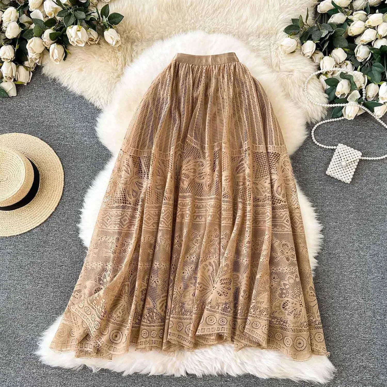 Vintage Mesh Midi Skirts for Women Fashion Embroidery High Waist A-Line Skirts Casual Pleated Flowy Half Skirts