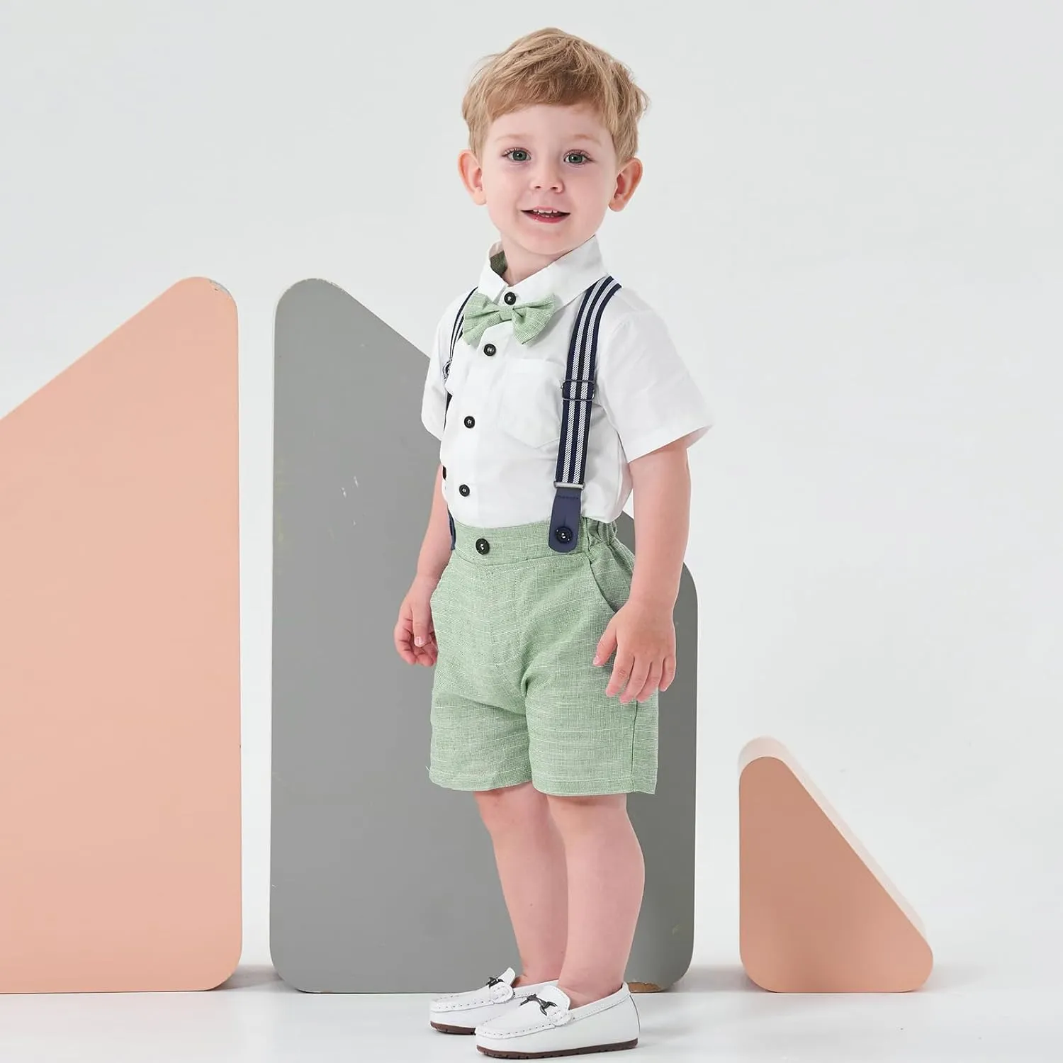 Volunboy Baby Boy Formal Short Set Toddler Summer Gentleman Outfit Kid Short Sleeve Bowtie Shirt Suspender Shorts Suit