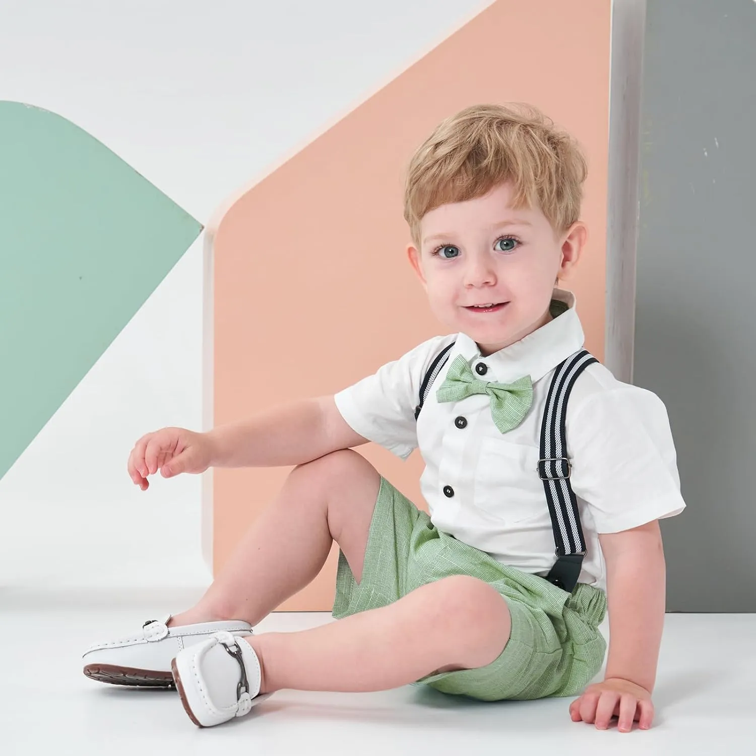 Volunboy Baby Boy Formal Short Set Toddler Summer Gentleman Outfit Kid Short Sleeve Bowtie Shirt Suspender Shorts Suit