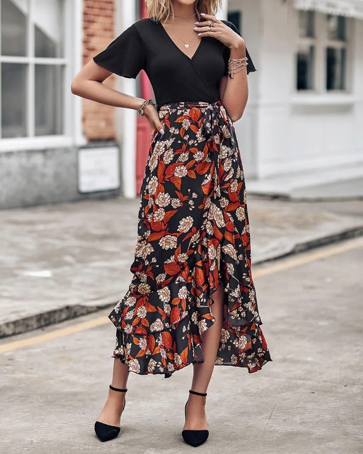 Wedding Guest Dresses for Women Summer Wrap V Neck Maxi Dress Short Sleeve Tie Waist Floral Ruffle Hem Split Long Dress