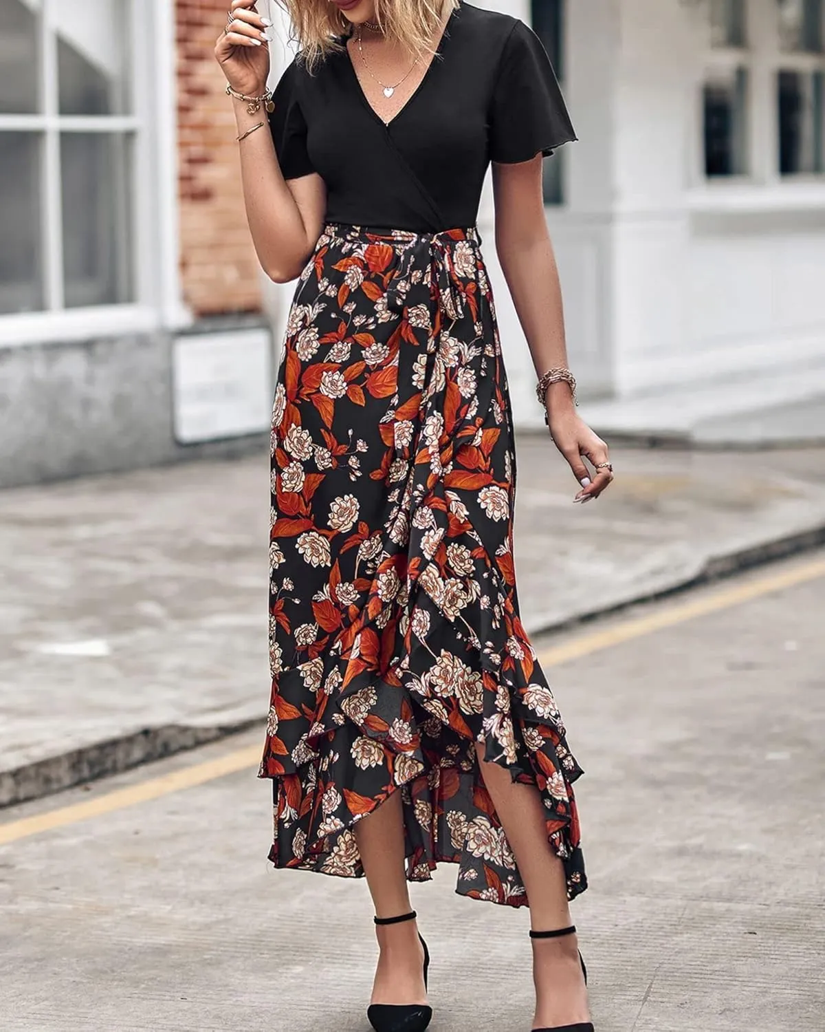 Wedding Guest Dresses for Women Summer Wrap V Neck Maxi Dress Short Sleeve Tie Waist Floral Ruffle Hem Split Long Dress