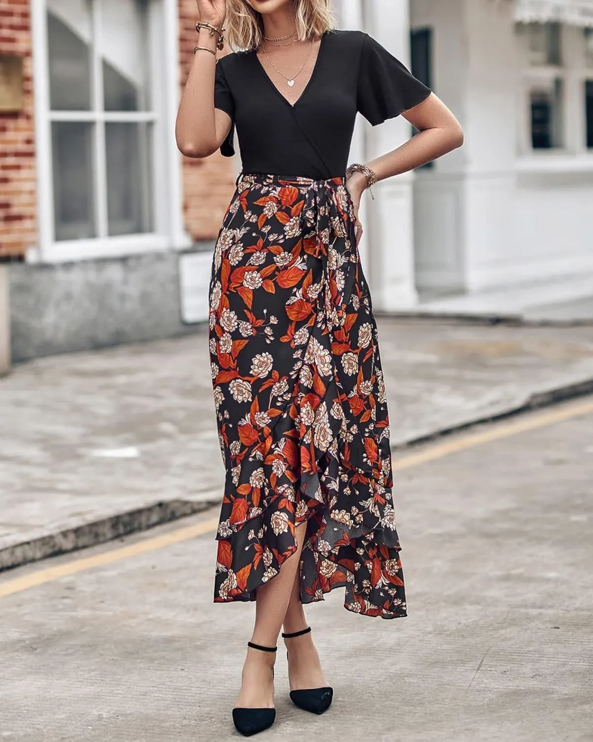 Wedding Guest Dresses for Women Summer Wrap V Neck Maxi Dress Short Sleeve Tie Waist Floral Ruffle Hem Split Long Dress
