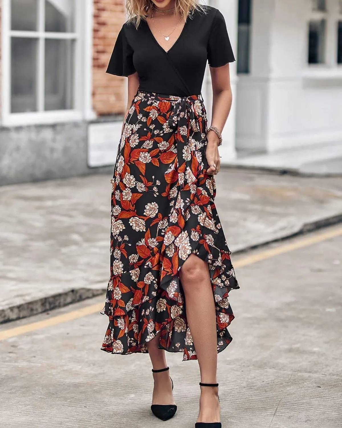 Wedding Guest Dresses for Women Summer Wrap V Neck Maxi Dress Short Sleeve Tie Waist Floral Ruffle Hem Split Long Dress