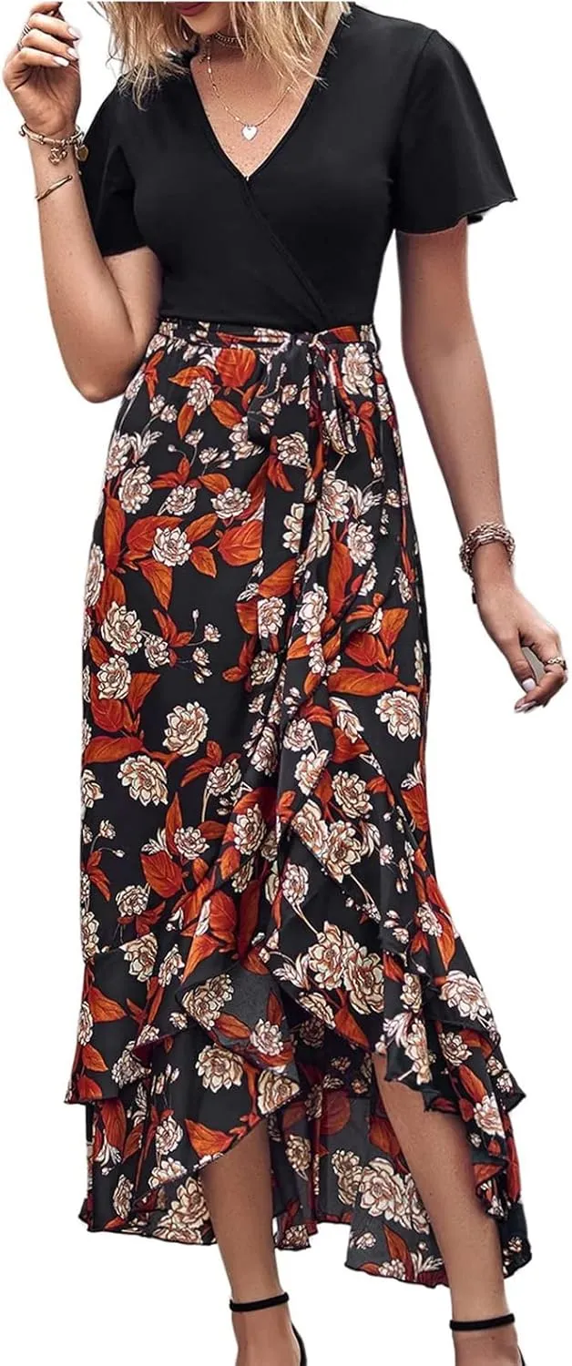 Wedding Guest Dresses for Women Summer Wrap V Neck Maxi Dress Short Sleeve Tie Waist Floral Ruffle Hem Split Long Dress