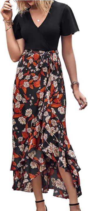 Wedding Guest Dresses for Women Summer Wrap V Neck Maxi Dress Short Sleeve Tie Waist Floral Ruffle Hem Split Long Dress