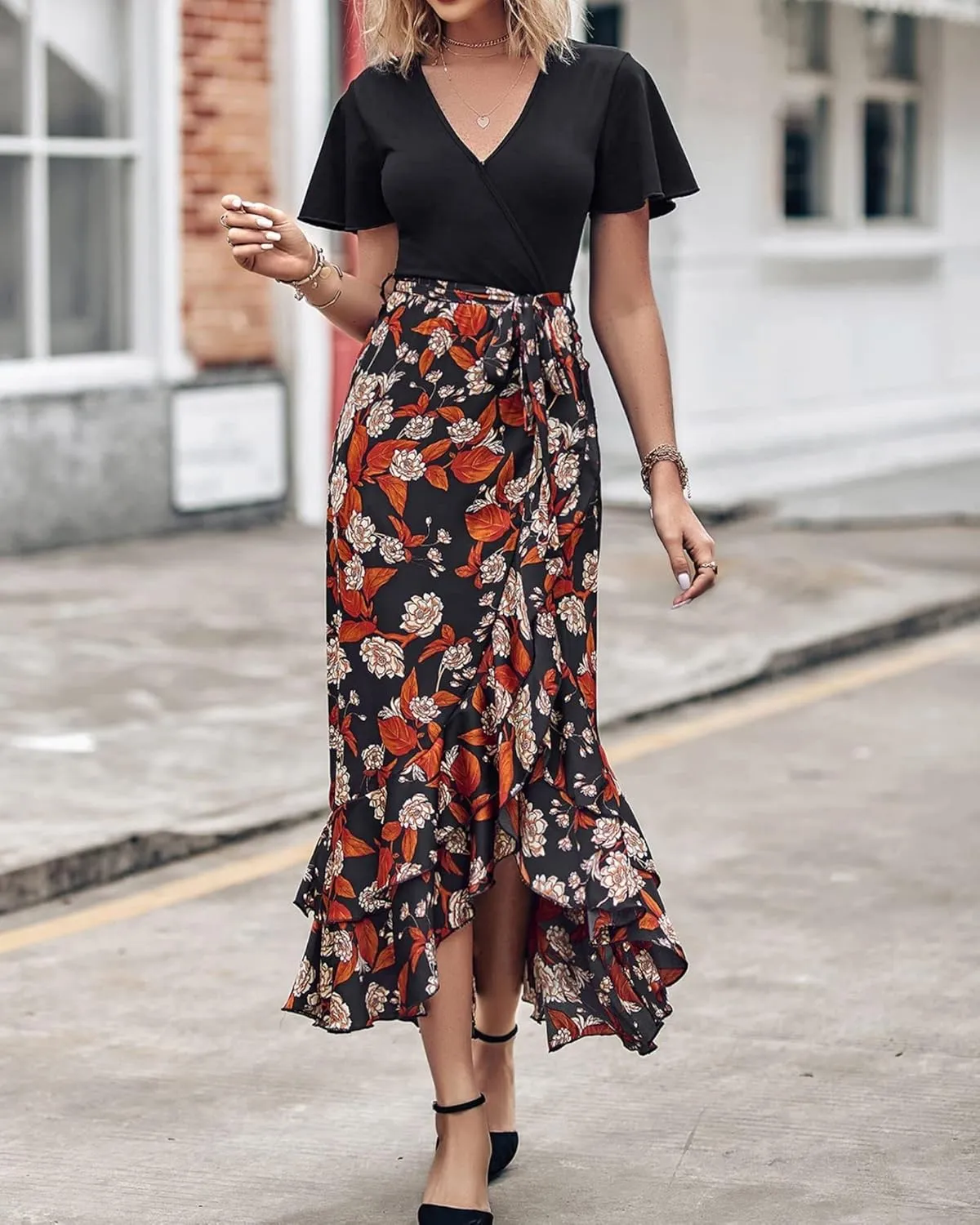 Wedding Guest Dresses for Women Summer Wrap V Neck Maxi Dress Short Sleeve Tie Waist Floral Ruffle Hem Split Long Dress