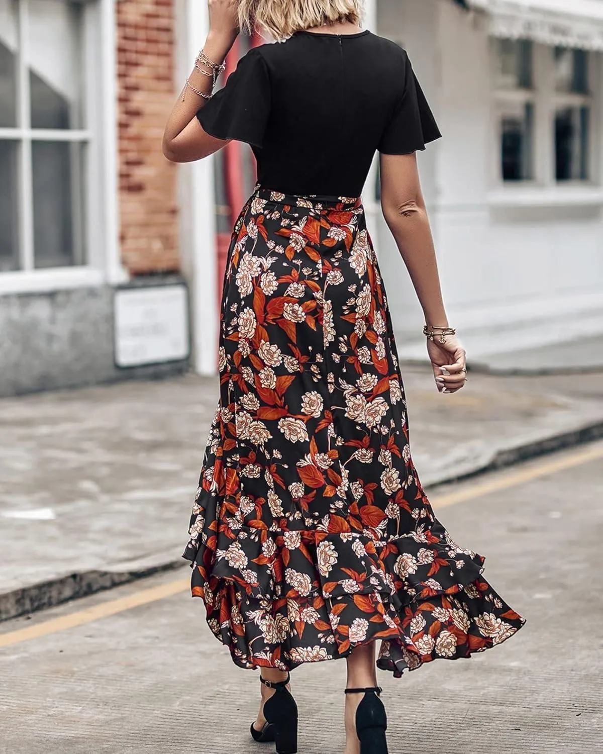 Wedding Guest Dresses for Women Summer Wrap V Neck Maxi Dress Short Sleeve Tie Waist Floral Ruffle Hem Split Long Dress