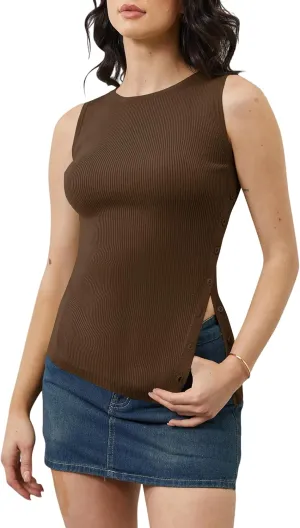 Women Asymmetrical Button Down Side Split Sweater Tank Top Sleeveless Boat Neck Solid Slim Side-Button Rib Knit Vest