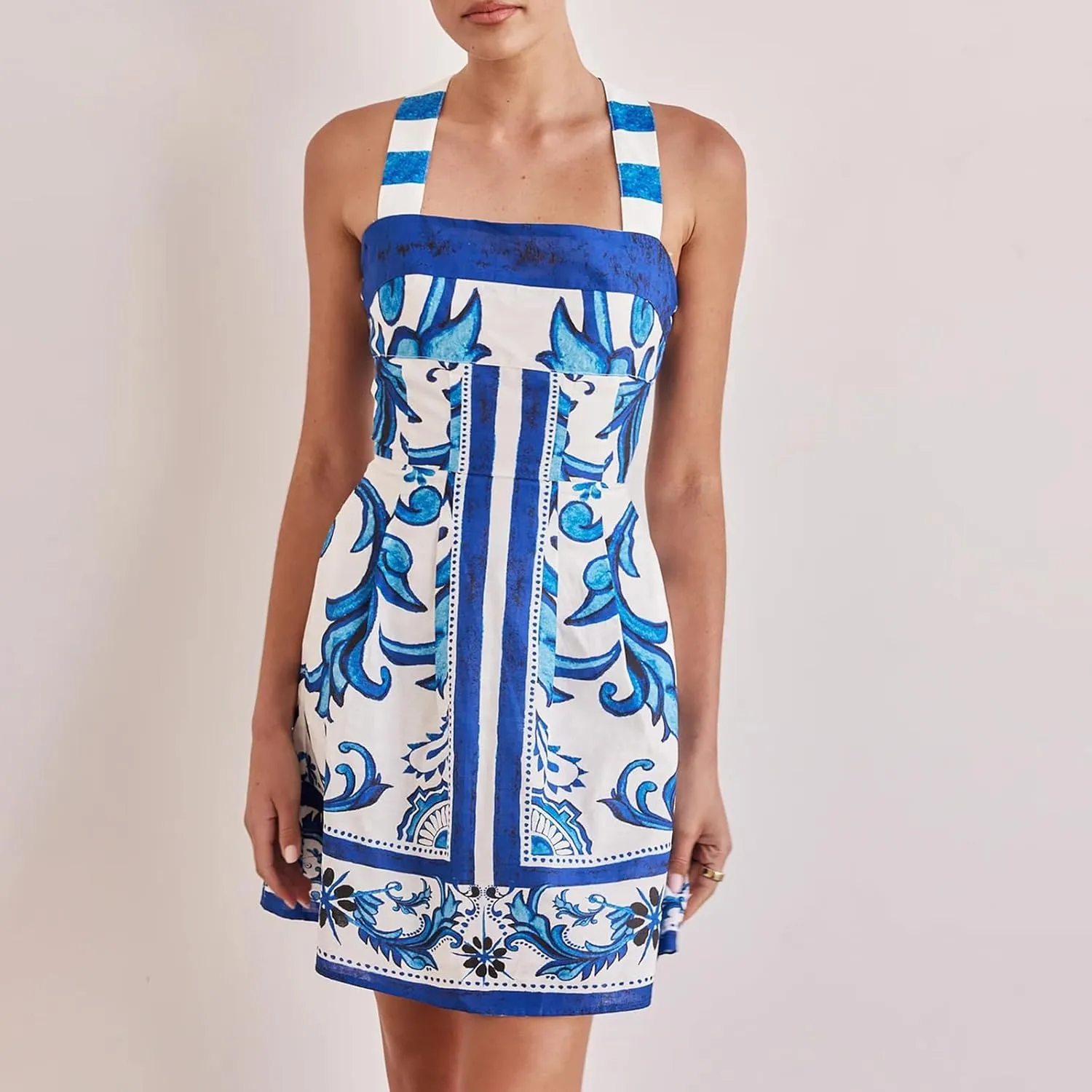 Women Boho Halter Mini Dress Spaghetti Strap Graffiti Floral Short Dresses Summer Backless A Line Dress