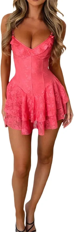 Women Corset Top Mini Dress Sleeveless Lace Up Backless Floral Lace Tiered Ruffle Short Dress Halloween Party