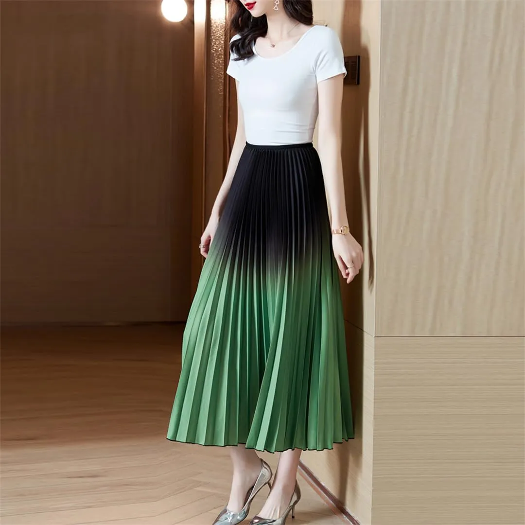 Women Elastic Waist Big Swing Pleated A-Line Long Skirt Vintage Party Skirts