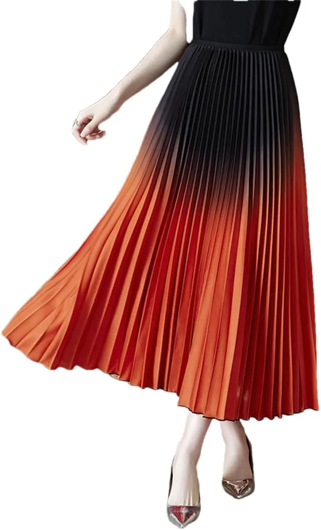 Women Elastic Waist Big Swing Pleated A-Line Long Skirt Vintage Party Skirts