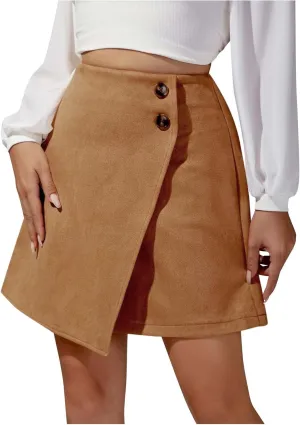 Women High Waisted Mini Skirt Trendy Slim Fit Bodycon Wrap Skirt Button Front Asymmetrical Hem A Line Short Skirt