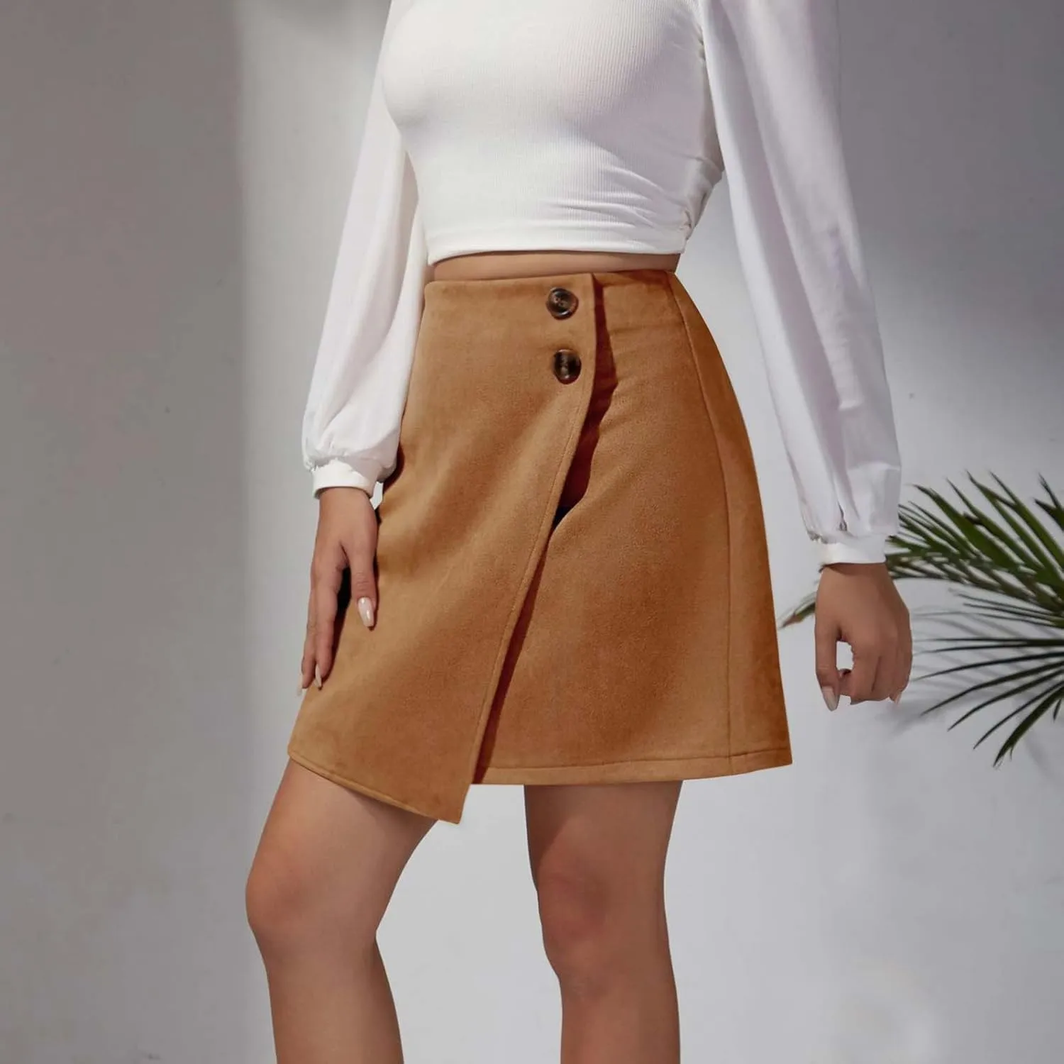 Women High Waisted Mini Skirt Trendy Slim Fit Bodycon Wrap Skirt Button Front Asymmetrical Hem A Line Short Skirt
