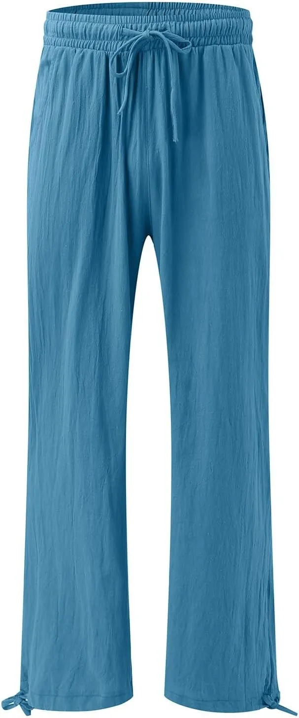 Women Linen Palazzo Pants Summer Boho Wide Leg High Waist Elastic Drawstring Casual Lounge Pant Trousers with Pockets