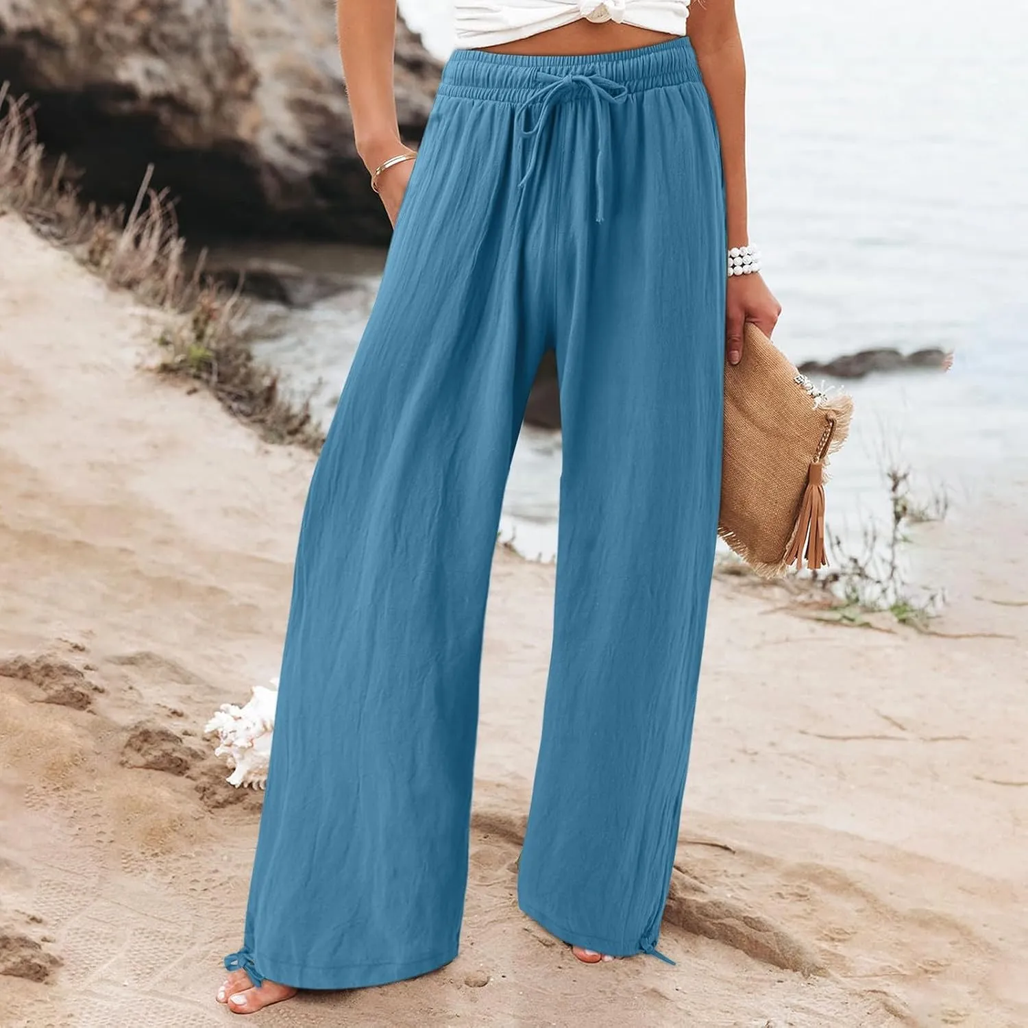 Women Linen Palazzo Pants Summer Boho Wide Leg High Waist Elastic Drawstring Casual Lounge Pant Trousers with Pockets