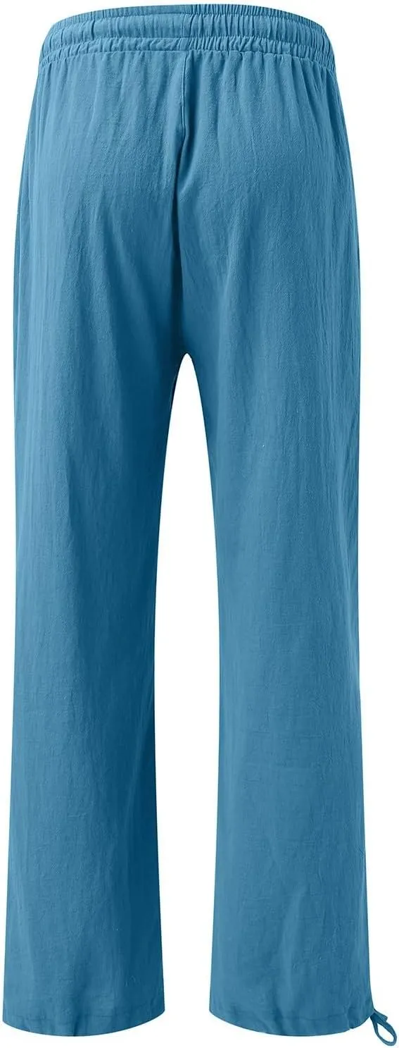 Women Linen Palazzo Pants Summer Boho Wide Leg High Waist Elastic Drawstring Casual Lounge Pant Trousers with Pockets