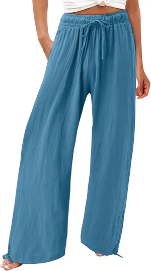 Women Linen Palazzo Pants Summer Boho Wide Leg High Waist Elastic Drawstring Casual Lounge Pant Trousers with Pockets