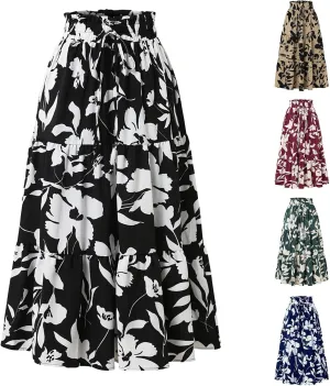 Women Maxi Skirt Floral Tiered Pleated Skirt Flowy Swing High Waisted Go Outing Clothes