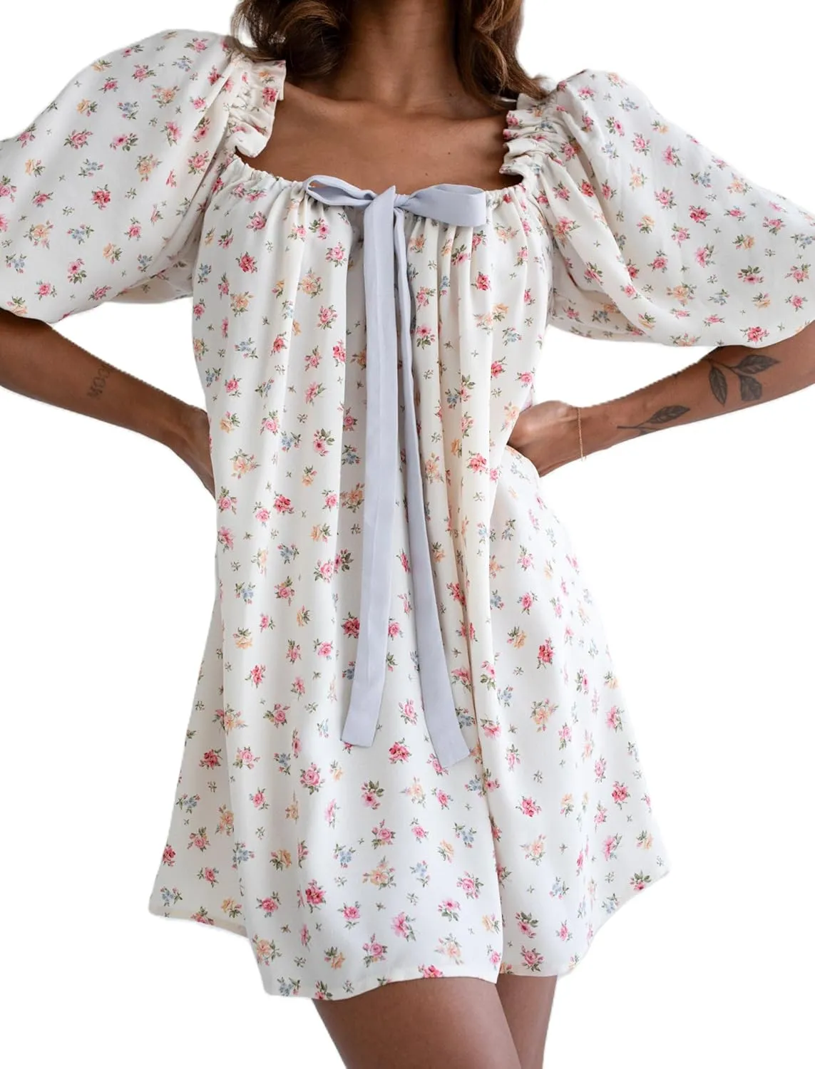 Women Puff Sleeve Babydoll Dress Bow Tie Front A Line Short Dress Boho Floral Ruffle Flowy Beach Sundress