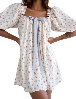 Women Puff Sleeve Babydoll Dress Bow Tie Front A Line Short Dress Boho Floral Ruffle Flowy Beach Sundress