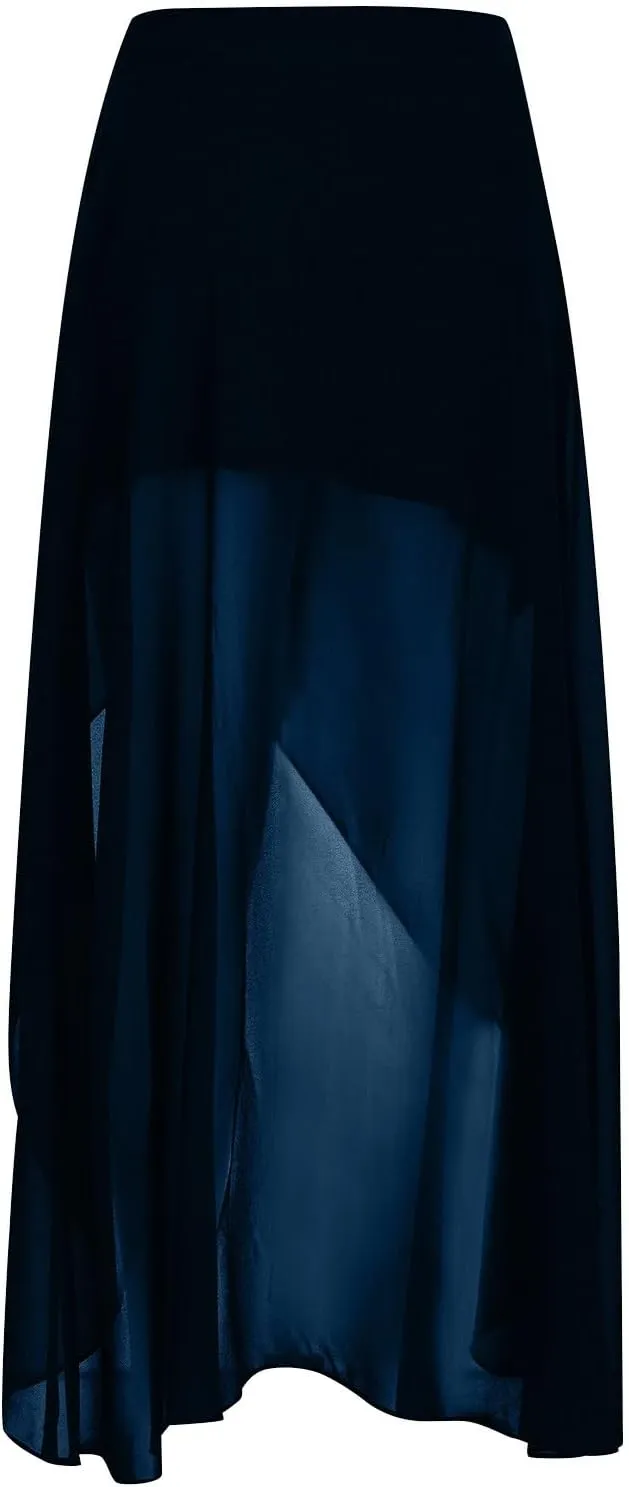 Women Ruffle Swing Skirt 2025 Fashion Mesh High Waist Flowy Irregular Hem Skirts Solid Color High Waisted Midi Skirt