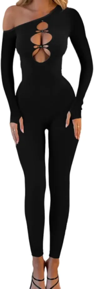 Women Sexy One Shoulder Hollow Out Bodycon Jumpsuit Long Sleeve One Piece Outfits Romper