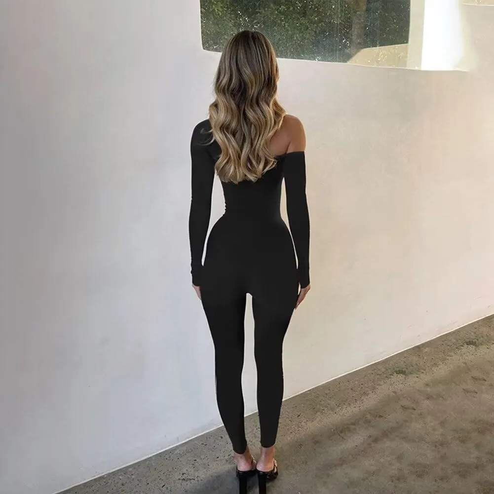 Women Sexy One Shoulder Hollow Out Bodycon Jumpsuit Long Sleeve One Piece Outfits Romper