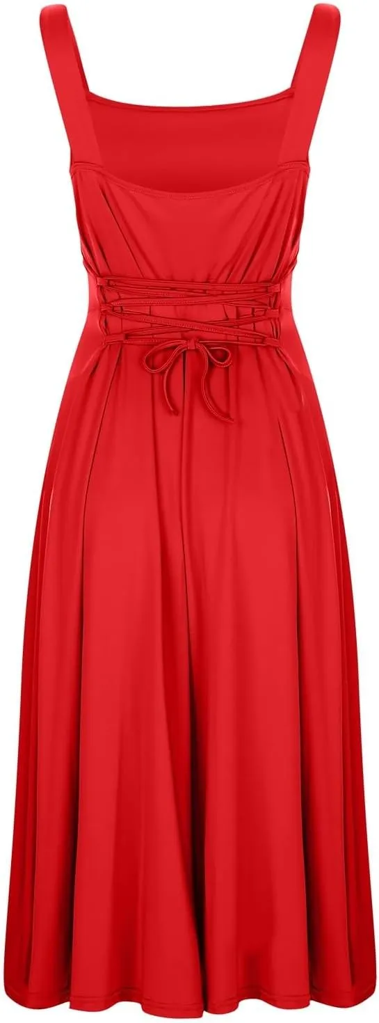 Women's 2025 Sun Dresses Women Summer Casual Flowy U Neck Maxi Dress Backless Drawstring Beach Long Dresses Midi Tank Dress