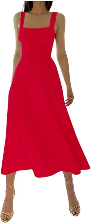 Women's 2025 Sun Dresses Women Summer Casual Flowy U Neck Maxi Dress Backless Drawstring Beach Long Dresses Midi Tank Dress
