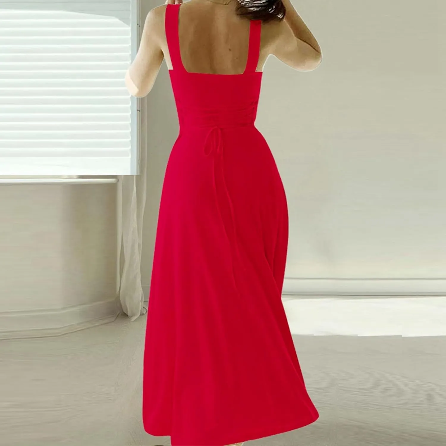 Women's 2025 Sun Dresses Women Summer Casual Flowy U Neck Maxi Dress Backless Drawstring Beach Long Dresses Midi Tank Dress