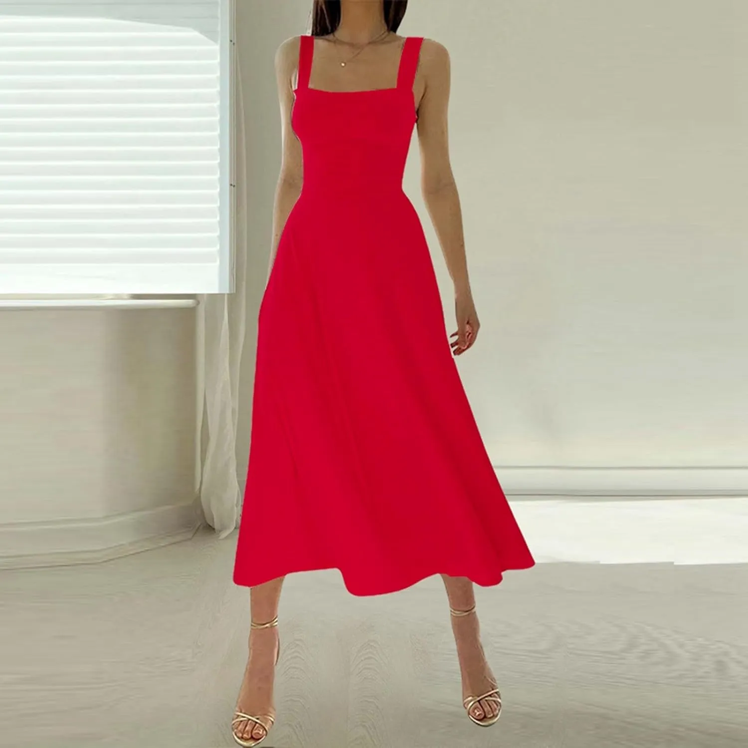 Women's 2025 Sun Dresses Women Summer Casual Flowy U Neck Maxi Dress Backless Drawstring Beach Long Dresses Midi Tank Dress