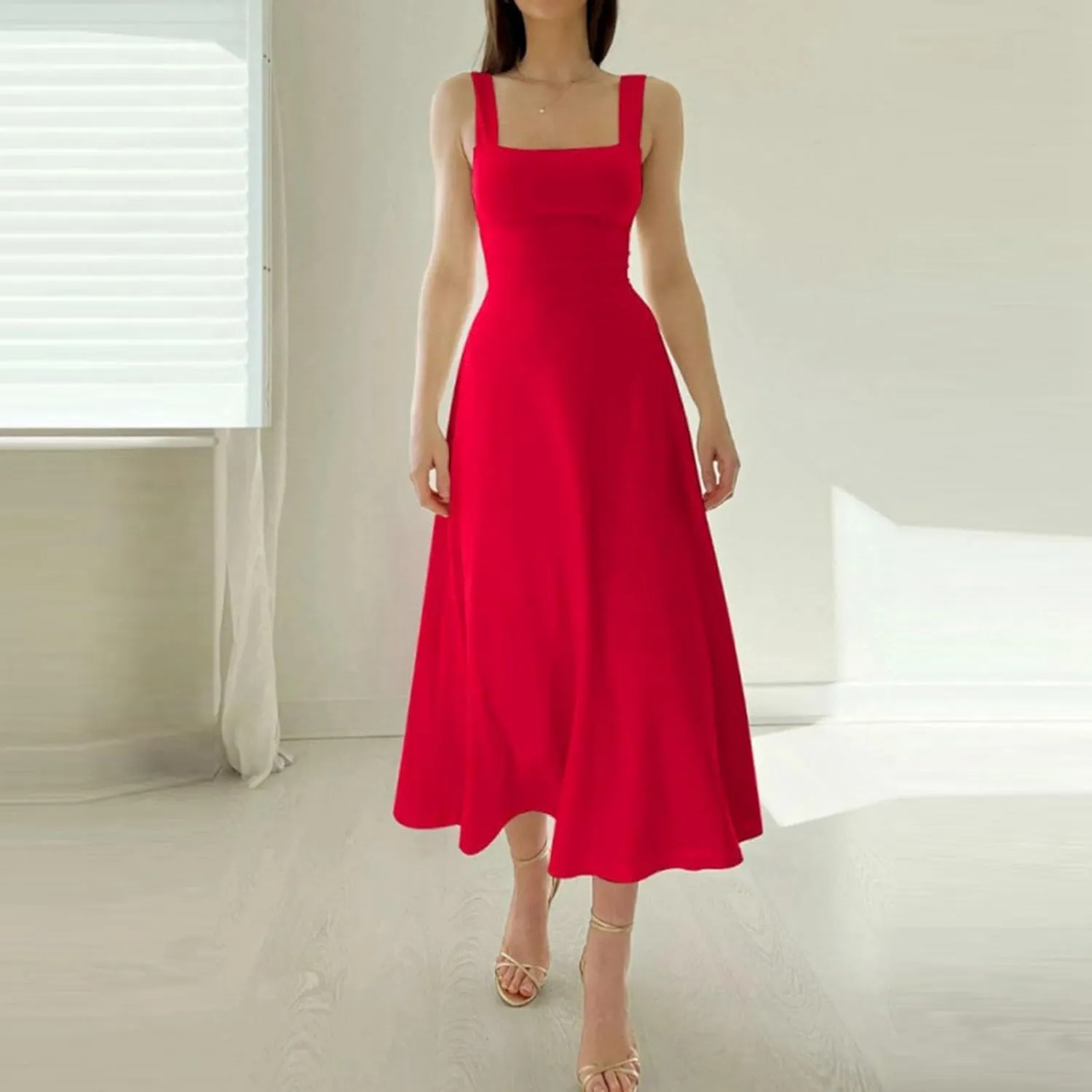 Women's 2025 Sun Dresses Women Summer Casual Flowy U Neck Maxi Dress Backless Drawstring Beach Long Dresses Midi Tank Dress