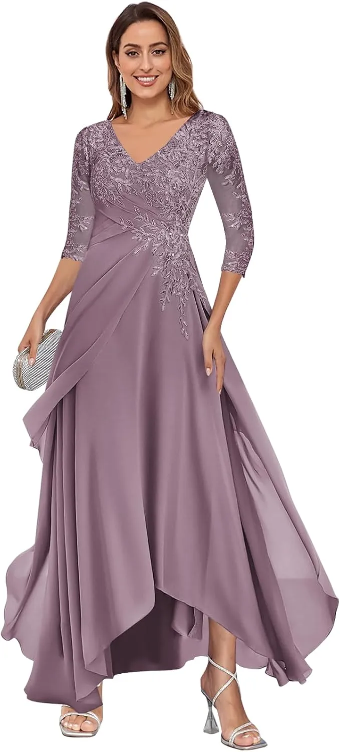Women's 3/4 Sleeve Mother of The Bride Dresses for Wedding A-line Lace Chiffon Long Evening Formal Gown
