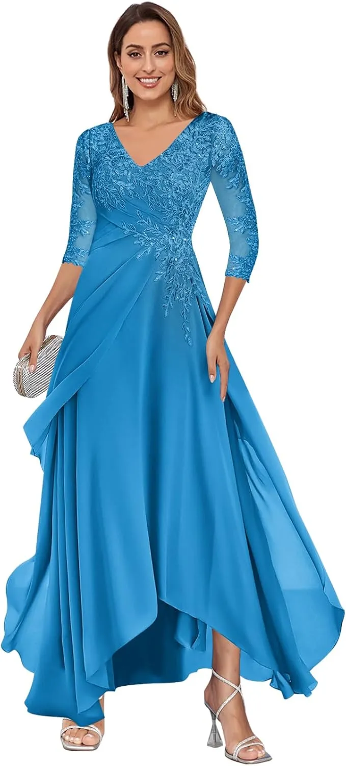 Women's 3/4 Sleeve Mother of The Bride Dresses for Wedding A-line Lace Chiffon Long Evening Formal Gown