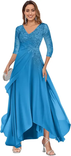 Women's 3/4 Sleeve Mother of The Bride Dresses for Wedding A-line Lace Chiffon Long Evening Formal Gown