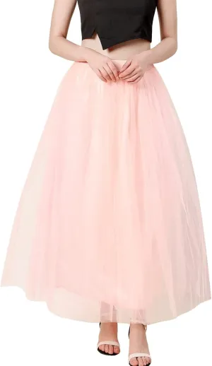 Women's A-Line High Waisted Midi Skirt Womens Long Tulle Skirt Pleated A Line Skirt High Waist Elastic Mesh Flowy