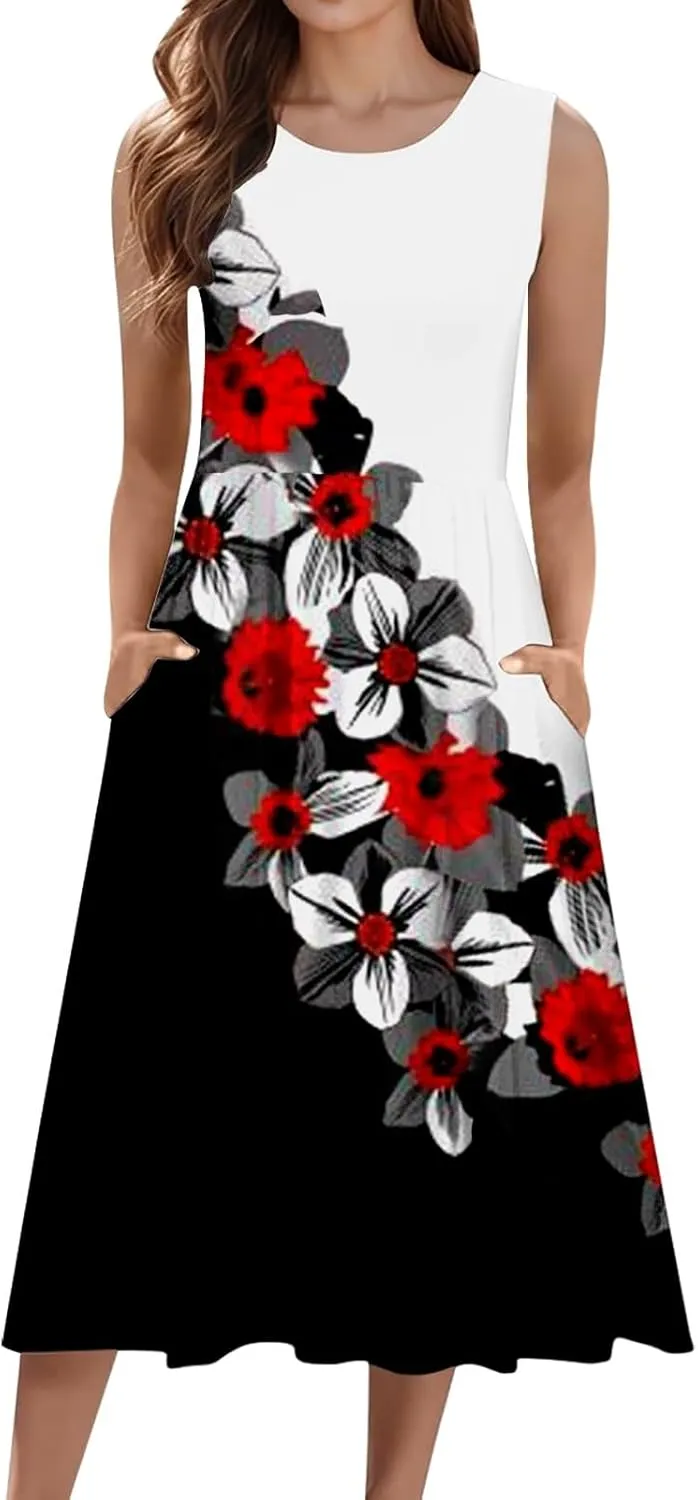 Womens Boho Dresses Women's Summer Tank Midi Dress with Pockets Sleeveless A Line Dress Casual Floral T Shirt