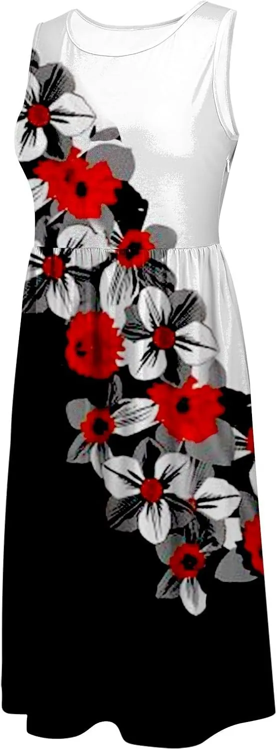 Womens Boho Dresses Women's Summer Tank Midi Dress with Pockets Sleeveless A Line Dress Casual Floral T Shirt