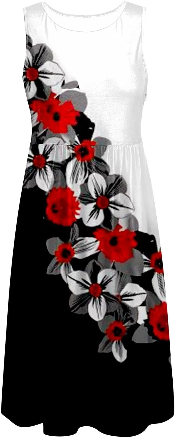 Womens Boho Dresses Women's Summer Tank Midi Dress with Pockets Sleeveless A Line Dress Casual Floral T Shirt