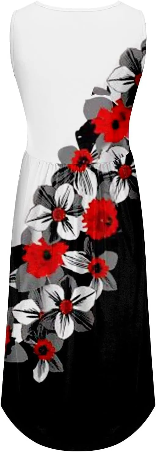 Womens Boho Dresses Women's Summer Tank Midi Dress with Pockets Sleeveless A Line Dress Casual Floral T Shirt