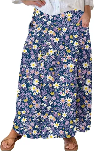 Women's Boho Floral Print High Waist A Line Ruffle Pleated Flowy Midi Skirts Comfy Casual Mid Calf Half Dress