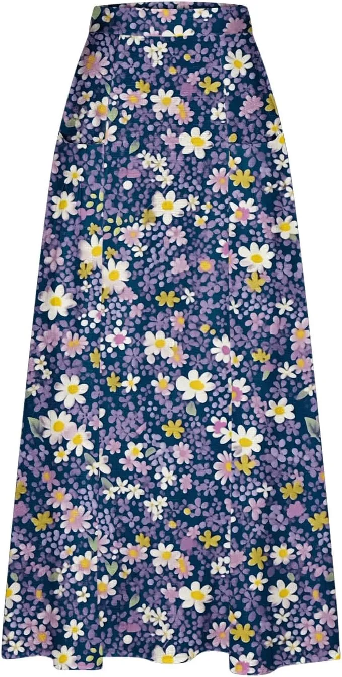 Women's Boho Floral Print High Waist A Line Ruffle Pleated Flowy Midi Skirts Comfy Casual Mid Calf Half Dress