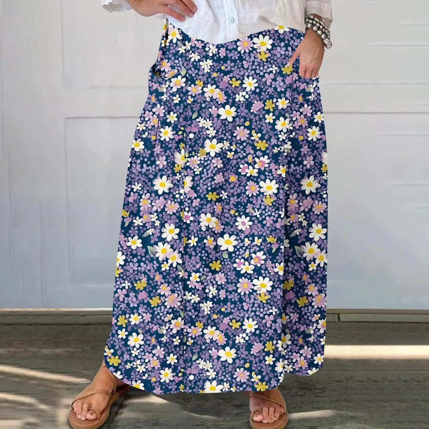 Women's Boho Floral Print High Waist A Line Ruffle Pleated Flowy Midi Skirts Comfy Casual Mid Calf Half Dress