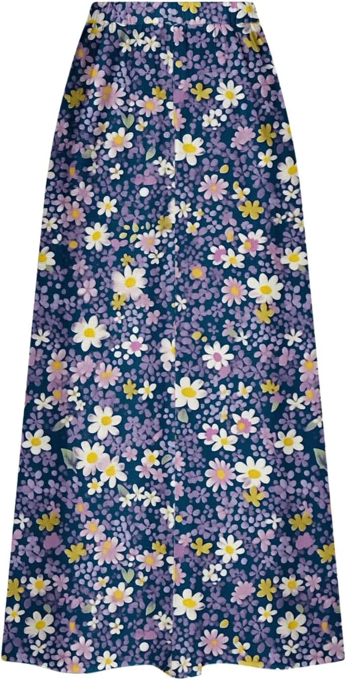 Women's Boho Floral Print High Waist A Line Ruffle Pleated Flowy Midi Skirts Comfy Casual Mid Calf Half Dress