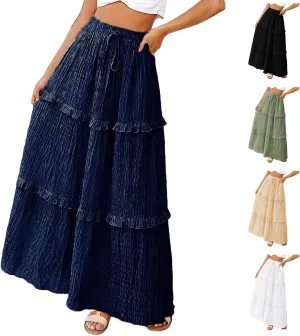 Womens Boho Floral Wrap Maxi Skirt High Waist Pleated A-Line Flowy Swing Line Maxi Long Skirt Beach Skirts