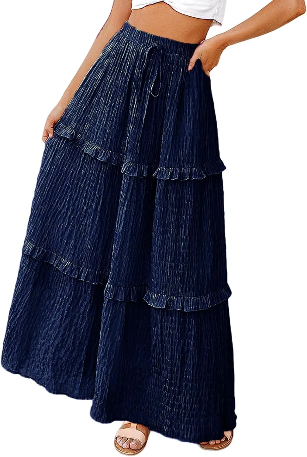 Womens Boho Floral Wrap Maxi Skirt High Waist Pleated A-Line Flowy Swing Line Maxi Long Skirt Beach Skirts